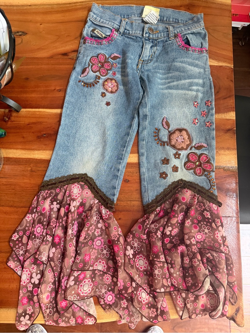 english rose Blue Denim Jeans with Pink & Brown Floral Ruffle Hem
